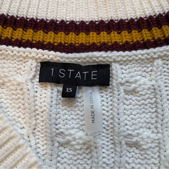 NWT, 1. State White Cable Knit V Neck Preppy Tennis Academia Sweater, Sz XS - Picture 11 of 13